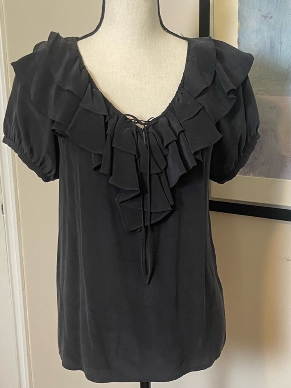 Joie Black V-Neck Ruffled 100% Silk Short Sleeve Blouse -Size L